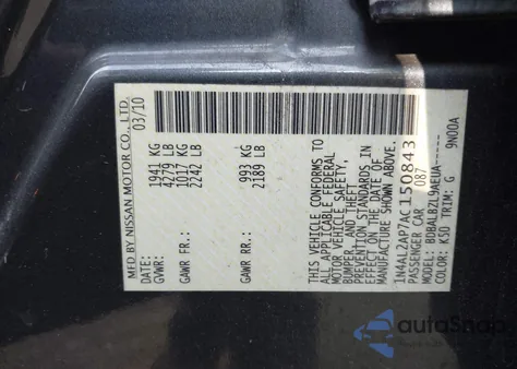 2010 Nissan Altima Base z USA, uszkodzony, nr VIN 1N4AL2AP7AC150843